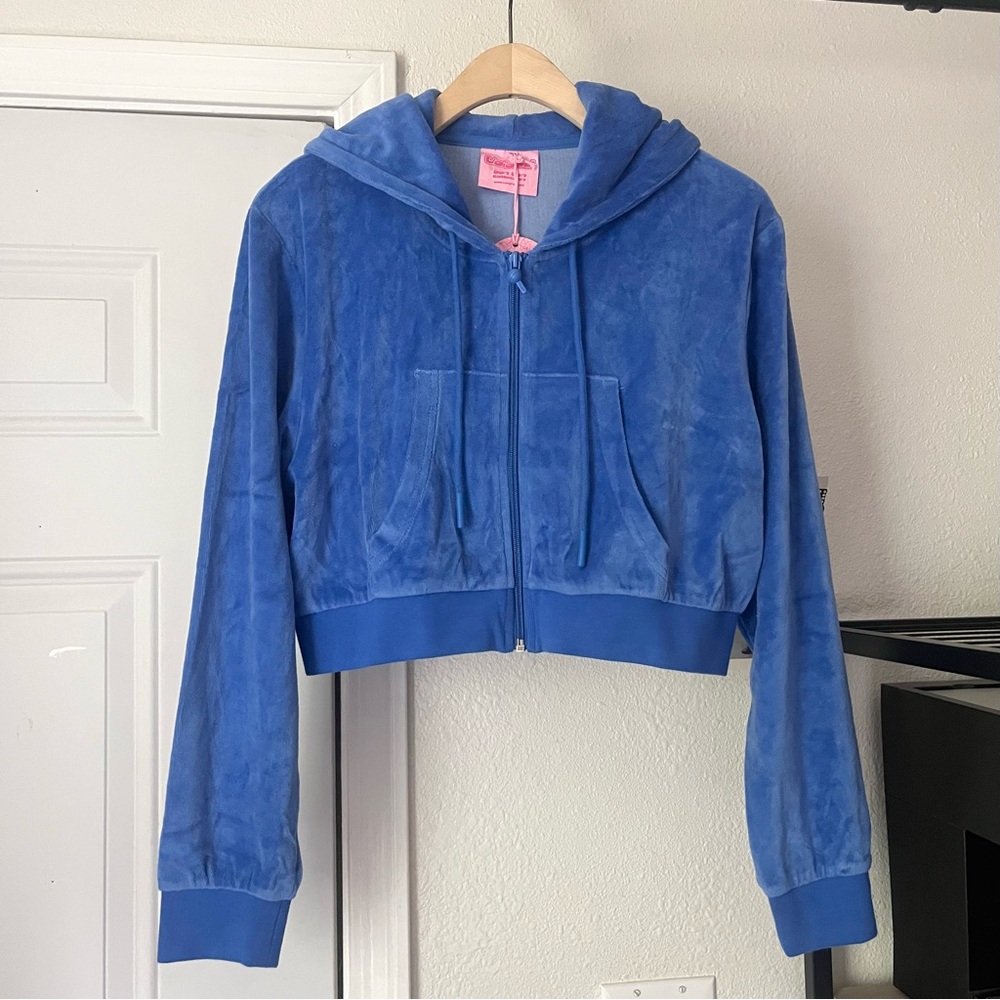 NWT VOIGHT blue velour full zip up cropped boxy hoodie sweater jacket‎